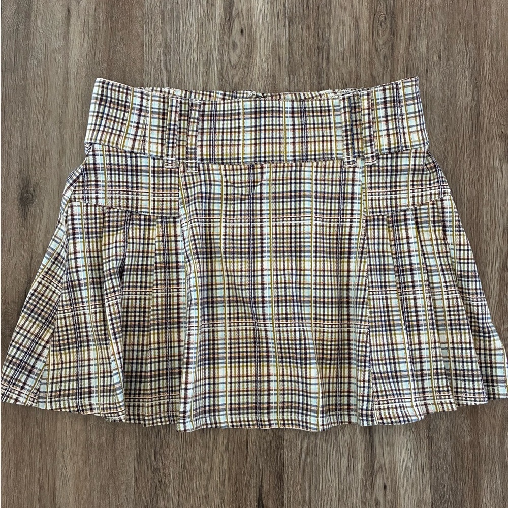 Free People Cream Plaid A-Line Mini Skirt